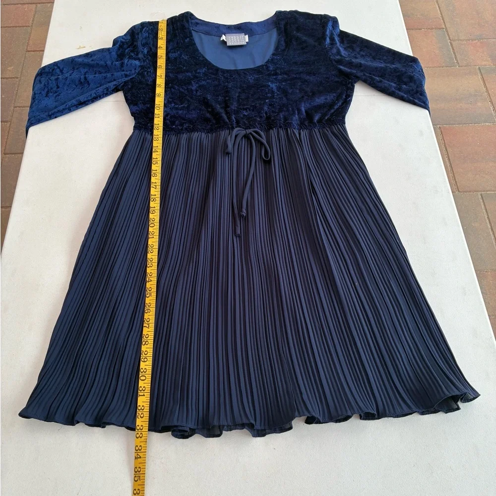 Vintage 90’s Rabbit Rabbit Rabbit Velvet and Pleated Navy Dress - Picture 8 of 11
